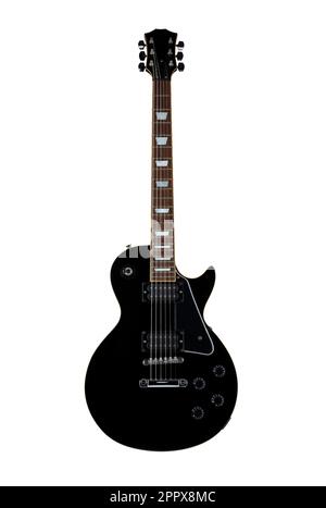 Schwarze elektrische Gitarre isoliert auf weißem Hintergrund Stockfoto