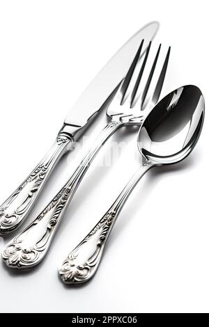Silberne Gabel, Löffel und Messer auf weißem Hintergrund Stockfoto