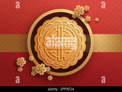 Grußkarte für das Festival Mitte Herbst mit Mondkuchen auf rotem Hintergrund Stock Vektor