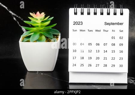 September 2023 Monatlicher Tischkalender für 2023 Jahr auf schwarzem Marmorhintergrund. Stockfoto