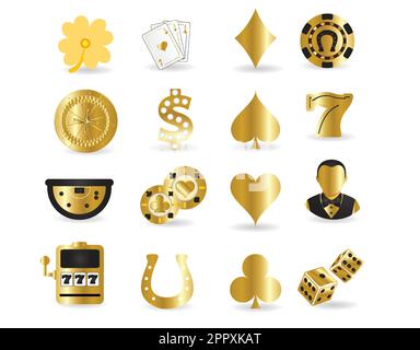 Goldenes Glücksspiel, Pokerkartenspiel, Casino, Glücksvektorsymbole isoliert auf weißem Hintergrund Stock Vektor