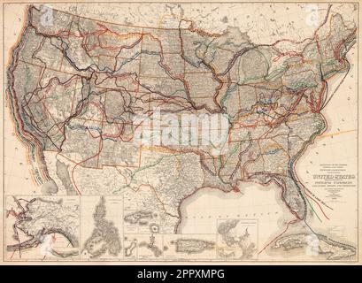 Die Karte wurde 1908 in den USA veröffentlicht und zeigt die Routen der wichtigsten Entdecker ab dem 15. Jahrhundert sowie frühe Straßen und Highways. Die Routen sind auf einer zeitgenössischen Karte aus dem frühen 20. Jahrhundert verlegt. Die Karte wurde von Frank Bond, 1856 - 1940, amerikanischem Kartografen, Illustrator und Politiker, und Ithamar Parsons Berthrong, 1853 - 1936, amerikanischem Vermessungsinspektor und Erfinder, erstellt. Stockfoto