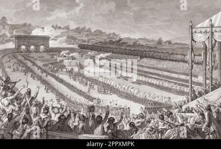 Fête de la Fédération oder Festival of the Federation, ein Feiertag in ganz Frankreich am 14. Juli 1790. Sie feierte die französische Revolution - noch immer im zweiten Jahr - die nationale Einheit und die Errichtung einer konstitutionellen Monarchie. Ludwig XVI., später gefilzt, war bei seiner Familie. Dieses Bild zeigt die Feier, wie sie in Paris stattfand. Von einem Abdruck von Isidore Helman nach einer Zeichnung von Charles Monnet. Stockfoto