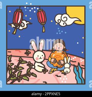 Ein Mädchen, das im Herbst Mondkuchen-Festival hält Stock Vektor