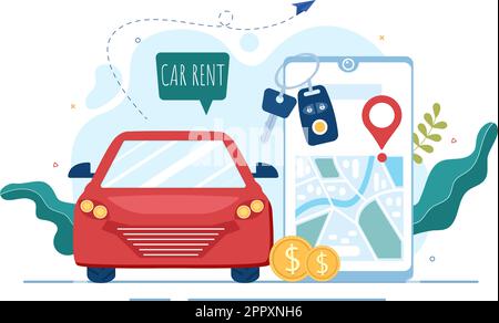 Autovermietung, Reservierung und gemeinsame Nutzung mit Service Mobile Anwendung mit Route oder Punkte Lage in Hand gezeichnet Cartoon flache Illustration Stock Vektor