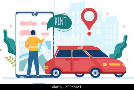 Autovermietung, Reservierung und gemeinsame Nutzung mit Service Mobile Anwendung mit Route oder Punkte Lage in Hand gezeichnet Cartoon flache Illustration Stock Vektor
