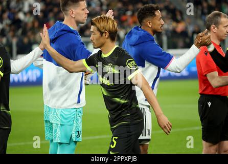 Turin, Italien. 13. April 2023. Hidemasa Morita von Sporting Portugal während der UEFA Europa League, Viertelfinale, Fußballspiel mit 1. Beinen zwischen Juventus Turin und Sporting Portugal am 13. April 2023 im Allianz-Stadion in Turin, Italien - Foto Jean Catuffe/DPPI Credit: DPPI Media/Alamy Live News Stockfoto