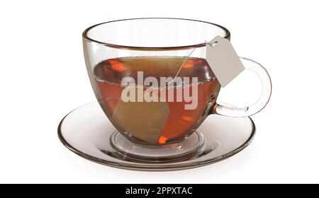 Glas Tee mit isoliertem Beutel auf weißem Hintergrund, hochwertige Details - 3D-Rendering Stockfoto