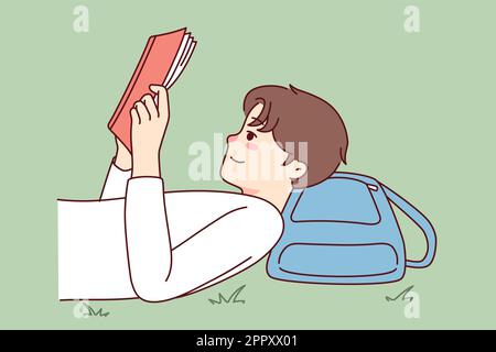 Ein glücklicher Kerl, der auf dem Boden liegt und ein Buch liest Stock Vektor