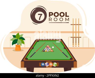 Billard-Spiel Hand gezeichnet Cartoon flache Hintergrund Illustration mit Pool-Zimmer mit Stick und Billardkugeln im Sportclub Stock Vektor