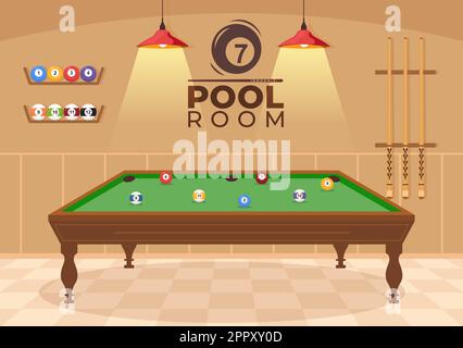 Billard-Spiel Hand gezeichnet Cartoon flache Hintergrund Illustration mit Pool-Zimmer mit Stick und Billardkugeln im Sportclub Stock Vektor