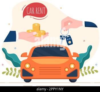 Autovermietung, Reservierung und gemeinsame Nutzung mit Service Mobile Anwendung mit Route oder Punkte Lage in Hand gezeichnet Cartoon flache Illustration Stock Vektor