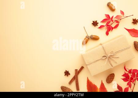 Geschenke mit Herbstviburnum im Hintergrund. Herbstzusammensetzung. Draufsicht, flach liegend. Stockfoto