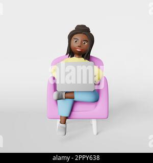 Lächelnde afroamerikanische Mitarbeiterin, 3D Figur, die online auf einem Laptop tippt, sitzt auf einem Sessel und führt eine Videokonferenz, die auf w steht Stockfoto