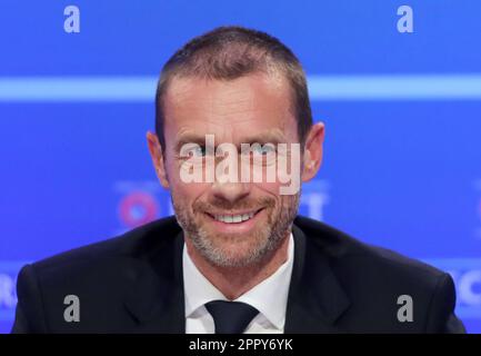 Dateifoto von UEFA-Präsident Aleksander Ceferin vom 03. Bis 12-2018. September, der andeutete, dass in den Vereinigten Staaten in Zukunft ein Champions League-Finale stattfinden könnte. Ausgabedatum: Dienstag, 25. April 2023. Stockfoto