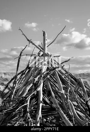 Hütte aus Treibholz am Strand - B&W Stockfoto