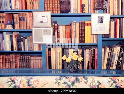 Wohnbereich. Bibliothek in einem Privathaus mit Sammlung antiker Bücher, gerahmten Manuskripten und einer Schüssel Blumen. Altmodische Hausbibliothek Stockfoto