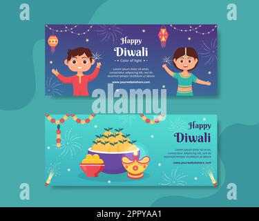 Indische Feiern Diwali Tag Horizontale Banner-Vorlage Handgezeichnete Cartoon Flache Illustration Stock Vektor