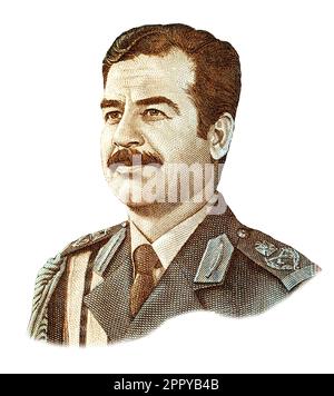 Irak - ca. 1986: Saddam Hussein (1937-2006)-Porträt einer 25-Dinar-irakischen Banknote Stockfoto