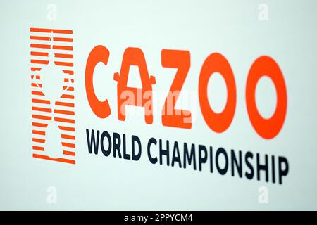 Ein allgemeiner Blick auf das Branding der Cazoo World Championship am 11. Tag der Cazoo World Snooker Championship im Crucible Theatre, Sheffield. Foto: Dienstag, 25. April 2023. Stockfoto