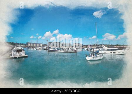 Boote liegen in Elizabeth Marina vor. Ein digitales Aquarellgemälde des Hafens von St. Helier in der britischen Kronenabhängigkeit von Jersey, Kanalinseln, Briten Stockfoto