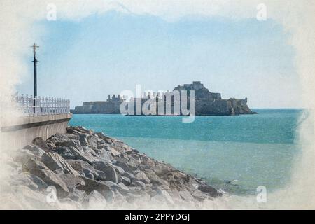 Elizabeth Castle digitale Aquarellmalerei. St. Helier Hafen der British Crown Dependency of Jersey, Kanalinseln, Britische Inseln. Stockfoto