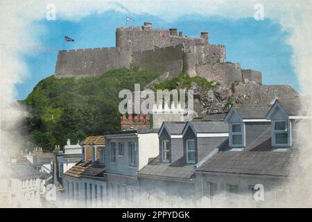 Ein wasserfarbenes digitales Gemälde des berühmten Schlosses Mont Orgueil. Gorey Hafen, Jersey, Kanalinseln, Britische Inseln. Stockfoto