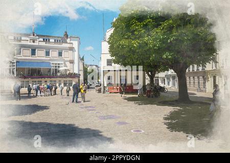 Digitale Aquarellmalerei im Stadtzentrum von St. Helier an einem Sommertag. Stockfoto