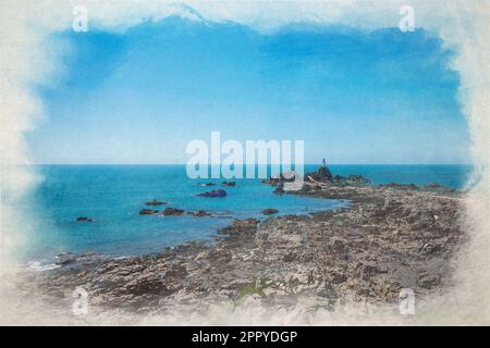 Digitale Aquarellmalerei des Leuchtturms La Corbiere auf der Landzunge von St. Brelade im Südwesten der britischen Krone Jersey, Chan Stockfoto