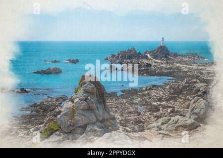 Digitale Aquarellmalerei des Leuchtturms La Corbiere auf der Landzunge von St. Brelade im Südwesten der britischen Krone Jersey, Chan Stockfoto
