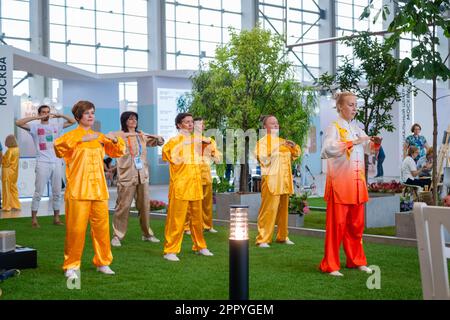 Eine Gruppe von Menschen, die gemeinsam Qigong-Übungen auf der Ausstellung machen Stockfoto