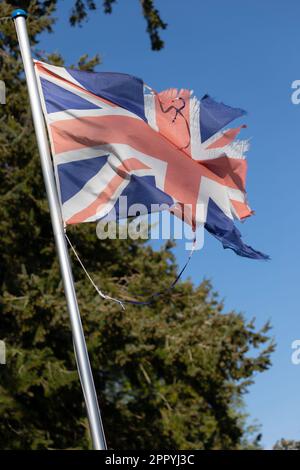 Verschlungene Unionsflagge mit starkem Wind auf Flaggenmast, Berkshire, Vereinigtes Königreich Stockfoto