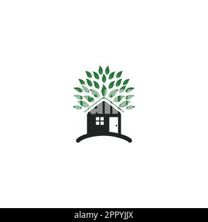 Illustriertes Tree House-Logo für Umweltpflege. Vektordesign-Vorlage für Öko-Haus. Stock Vektor