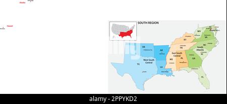 Administrative Vektorkarte der US Census Region Süd Stock Vektor