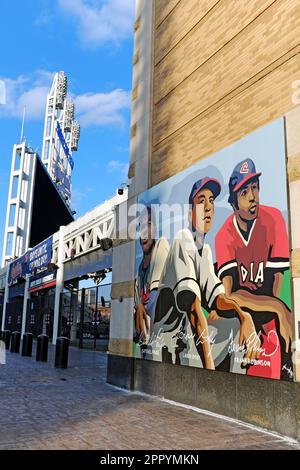 Progressive Field in der Nähe des linken Feldeingangs in Cleveland, Ohio, USA. Stockfoto