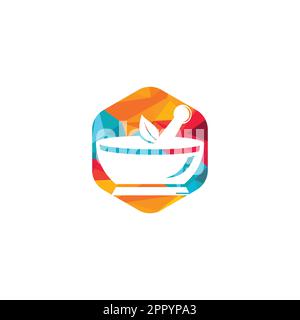 Pharmazeutisches medizinisches Logo-Design. Logos aus natürlichem Mörtel und Pistill, medizinische Kräuterbildungs-Symbol-Vektordesign. Stock Vektor