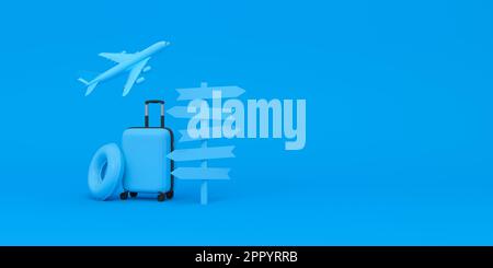 Gepäck, Flugzeugfliege, Float und weiße Kreuzungen, die auf blauen Hintergrund zeigen. Urlaubskonzept. 3D-Rendering. Stockfoto