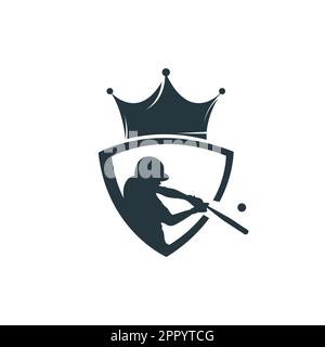 „Baseball King“-Vektor-Logo. Designvorlage für Baseballspieler und Kronensymbol. Stock Vektor