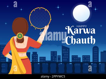 Karwa Chauth Festival Handgezeichnete flache Cartoon-Illustration, um den Neumond zu beginnen, indem man den Mondaufgang im November von Ehefrauen für ihre Ehemänner sieht Stock Vektor