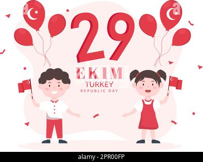 Tag der Republik Türkei oder 29 Ekim Cumhuriyet Bayrami Kutlu Olsun Handgezeichnete Cartoon flache Illustration mit Flagge der Türkischen und Happy Holiday Design Stock Vektor