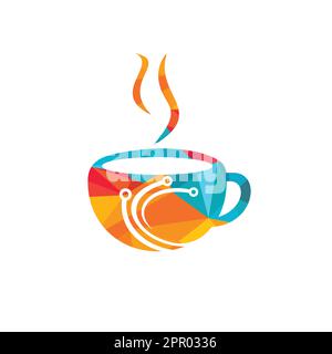 Coffee Tech Vector Logo-Design. Vektorvorlage für digitale Kaffeesymbole. Stock Vektor