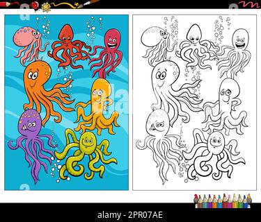 Malseite für Cartoon-Oktopus-Tierfiguren Stock Vektor