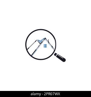 Logo-Design für die Suche und das Home-Design. Lupe, Glashaus, Logo-Design Für Immobilien. Stock Vektor