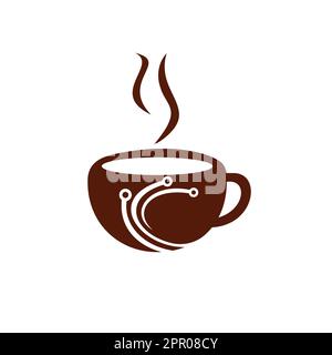 Coffee Tech Vector Logo-Design. Vektorvorlage für digitale Kaffeesymbole. Stock Vektor