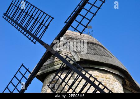 Windmühle, Stembridge Tower Mill, mit Details zur Spitze der letzten strohgedeckten Windmühle in England und war bis 1910 in Betrieb. High Ham, Somerset, Großbritannien Stockfoto