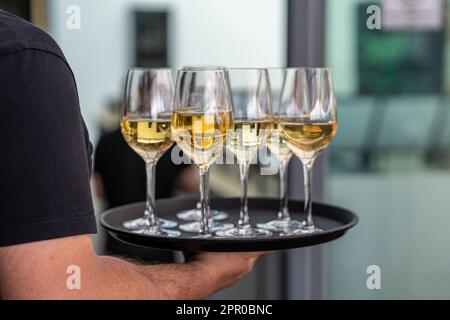 Ein Kellner hielt ein Tablett mit Gläsern Weißwein. Stockfoto