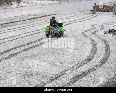 Ein Mann, der in einem Schneesturm auf einem Düngerstreuer reitet Stockfoto