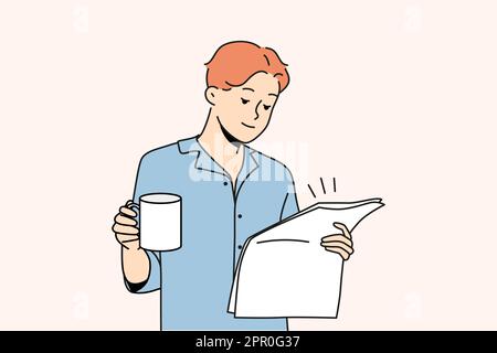 Mann im Pyjama trinkt Kaffee und liest Zeitung Stock Vektor