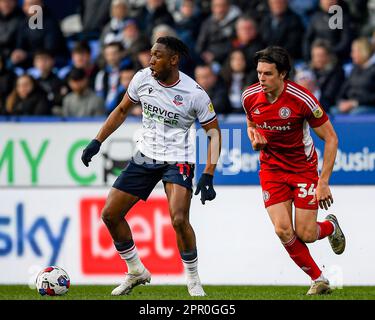 Bolton, Großbritannien. 25. April 2023. Dan N'Lundulu #11 of Bolton Wanderers on the Attack during the Sky Bet League 1 match Bolton Wanderers vs Accrington Stanley at University of Bolton Stadium, Bolton, Vereinigtes Königreich, 25. April 2023 (Photo by Ben Roberts/News Images) in Bolton, Vereinigtes Königreich, 4/25/2023. (Foto: Ben Roberts/News Images/Sipa USA) Guthaben: SIPA USA/Alamy Live News Stockfoto