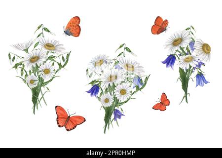 Aquarelle Sträuße aus Gänseblümchen, campanula, Schmetterlinge isoliert auf weißem Hintergrund. Blumenzeichnung für Postkarten, Drucke, Poster, Banner Stockfoto